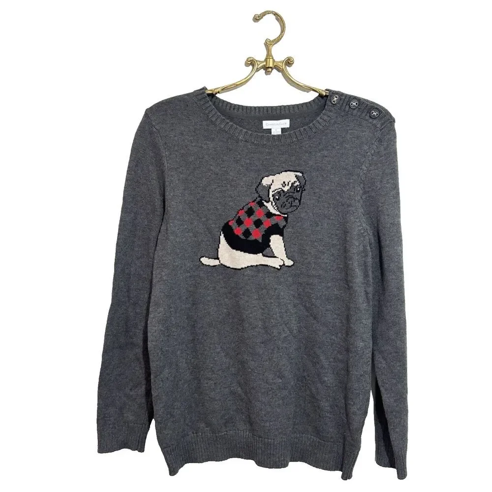 Charter Club Women's Cotton‎ Blend Pug Dog Gray Long Sleeve Sweater Size M